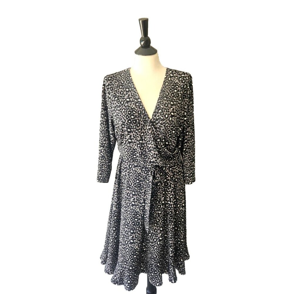 Leota Libby Faux Wrap Dress Black and Gray Animal Print Size XL